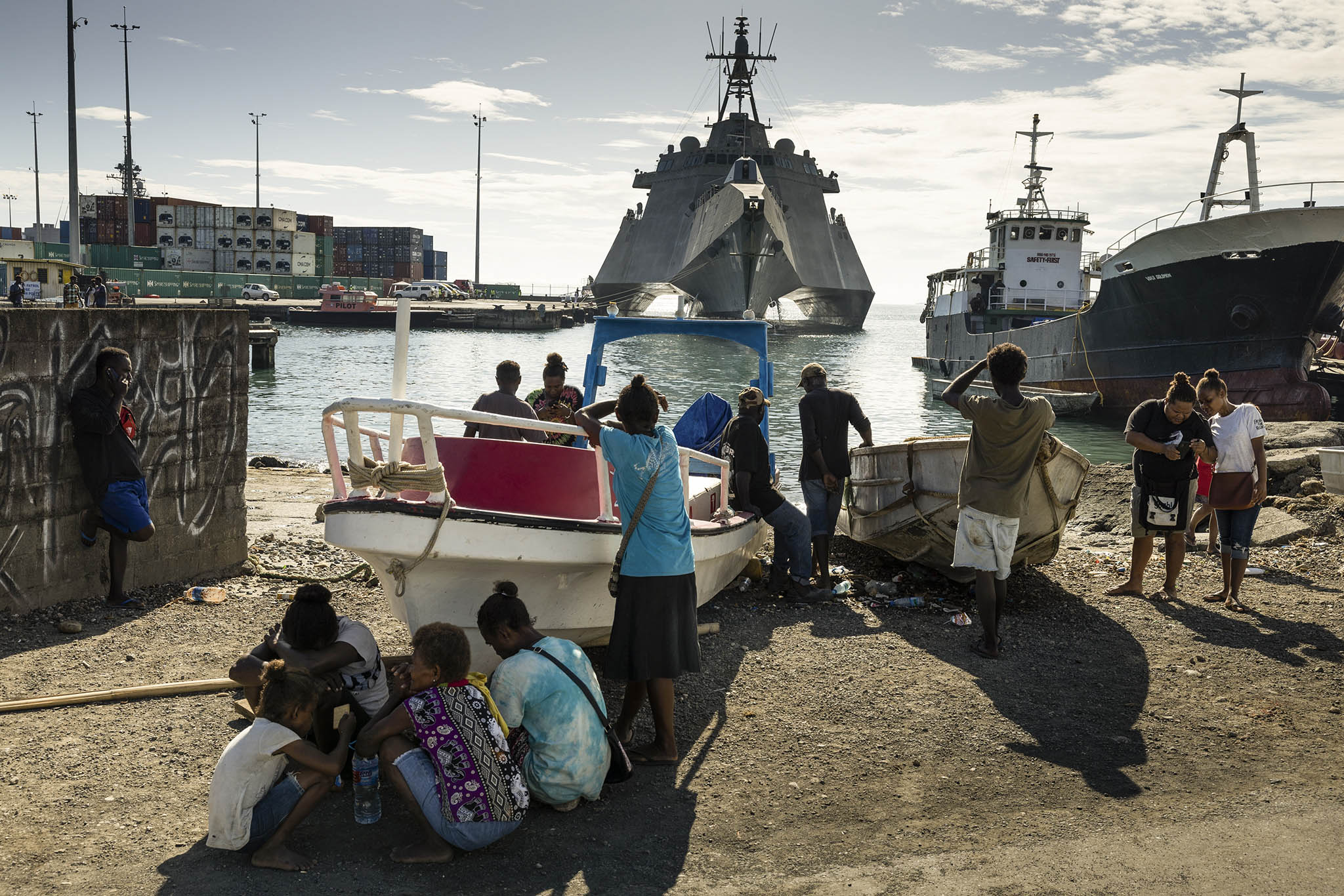 A U.S. combat ship visits the capital of the Solomon Islands as part of a ceremony in marking the 80th anniversary of the Guadalcanal battles, in Honiara, Solomon Islands on Aug. 7, 2022.  (Matthew Abbott/The New York Times)