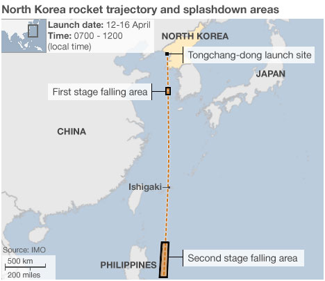 North Korean rocket trajectory and splashdown areas