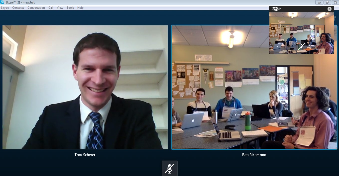 USIP expert Tom Scherer Skyping with Peace Teacher Laura Keldorf's class. 