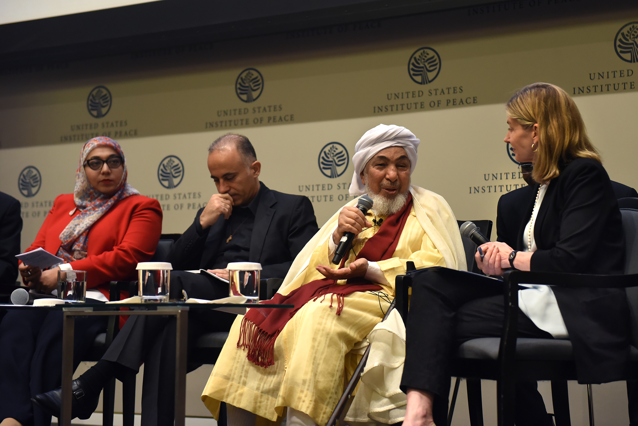 From left: Humera Khan; Rev. Prof. Fadi Daou; Sheikh Abdullah bin Bayyah; Nancy Lindborg.