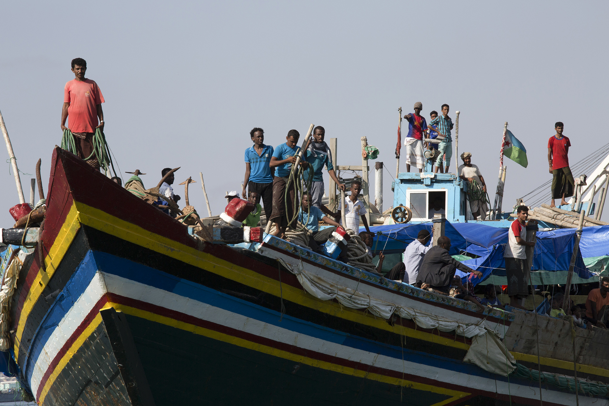 Refugees fleeing the war in Yemen arrive at the port in Djibouti after crossing a narrow strait in the Red Sea, April 20, 2015. (Tyler Hicks/The New York Times)