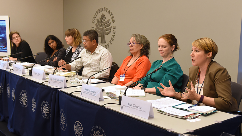 Jennings Randolph Senior Fellow C. Esra Çuhadar (right) speaks at a USIP conference on inclusive peace processes, May 18, 2018.