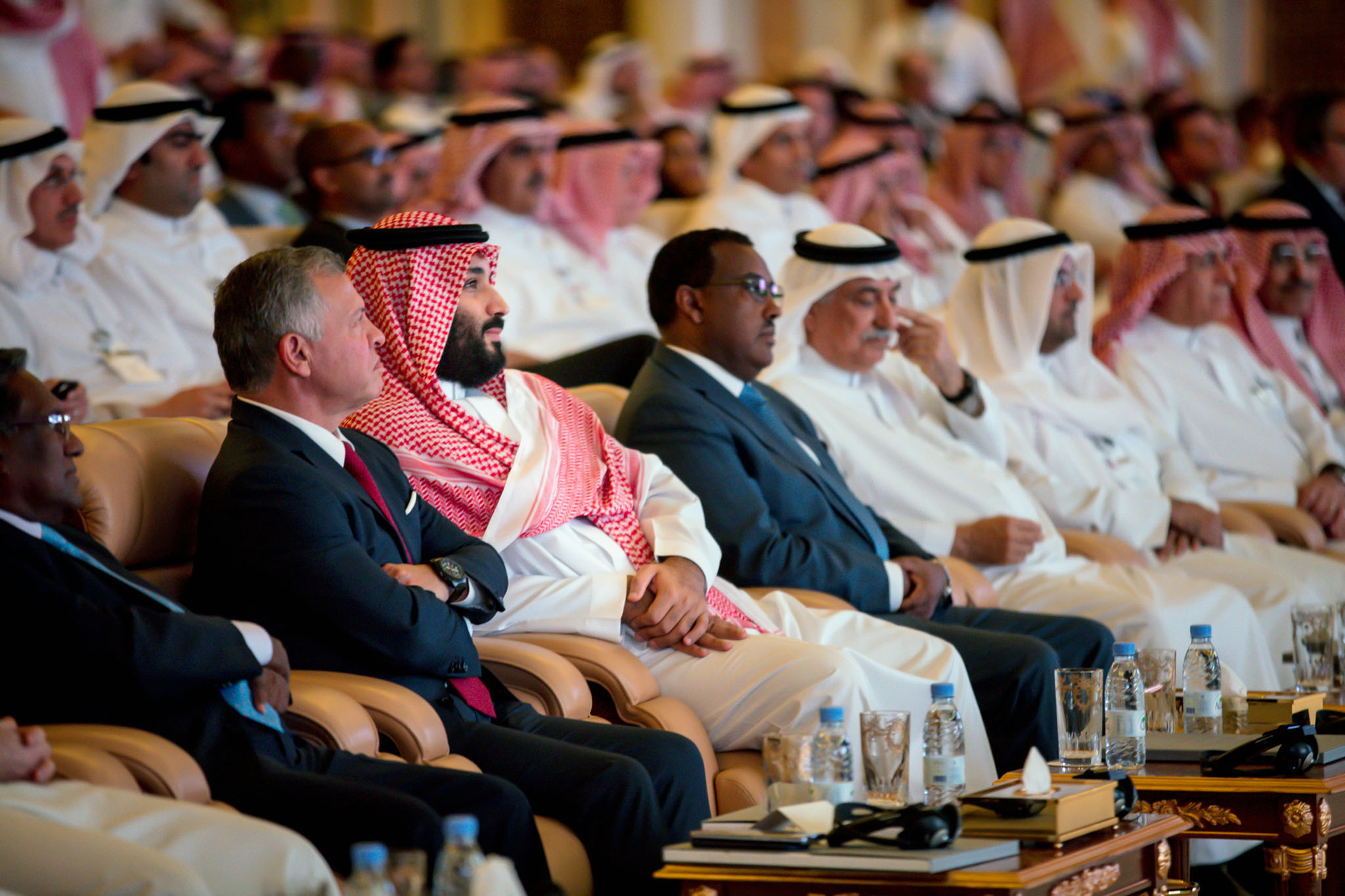Saudi Arabia’s crown prince, Mohammed bin Salman, third from left, sits next to King Abdullah of Jordan, second from left in Riyadh, Saudi Arabia, on Tuesday, Oct. 23, 2018. (Tasneem Alsultan/The New York Times)