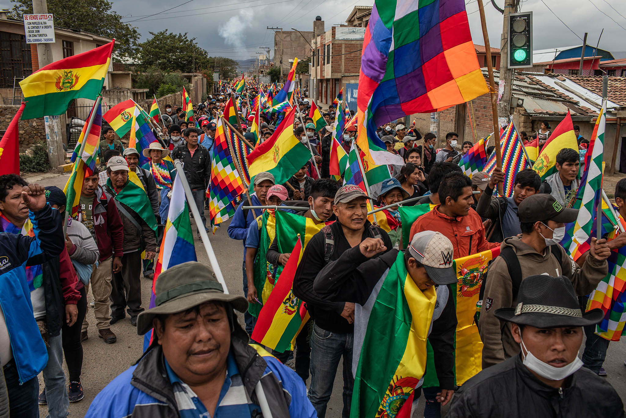 Demonstrators protest the transitional government in Sacaba, Bolivia, Nov. 14, 2019. The ouster of Bolivia’s first indigenous president exposed the deep rift between Bolivia’s Europeanized elite and majority indigenous population. (Victor Moriyama/The New York Times)