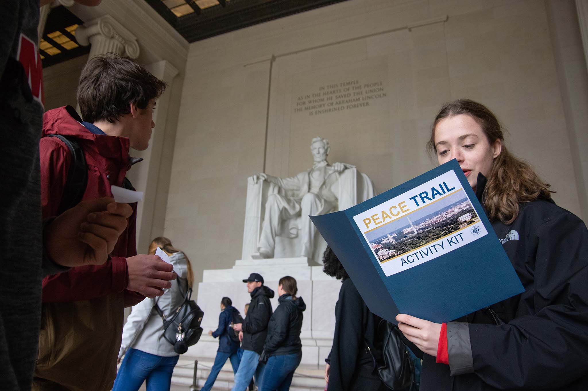 George Mason High School students at the Peace Trail on the National Mall.