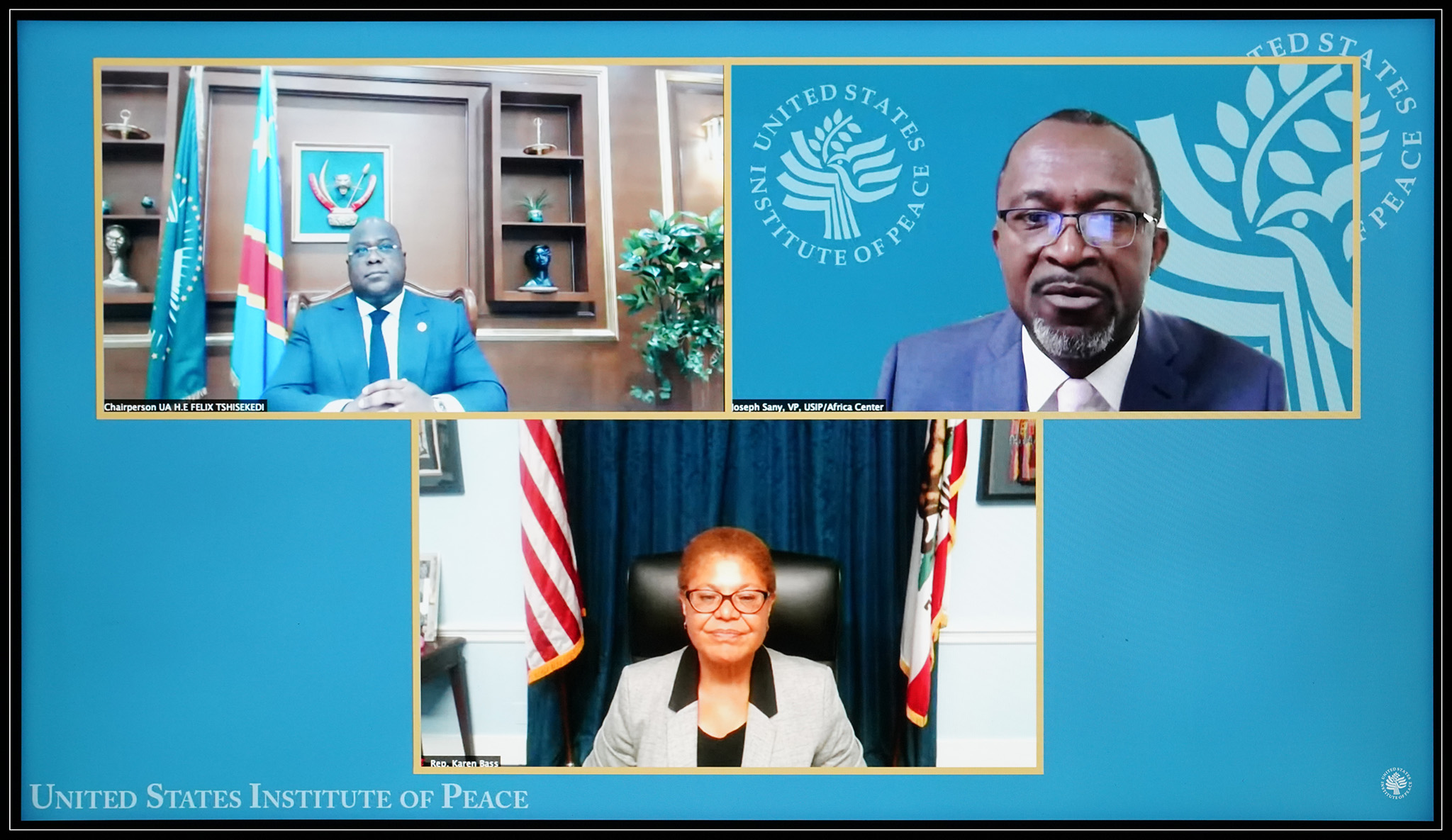 President Tshisekedi (top left), Joseph Sany (top right), Rep. Karen Bass (center) discuss how the United States and the African Union can work together to address to enhance peace and prosperity on the continent.