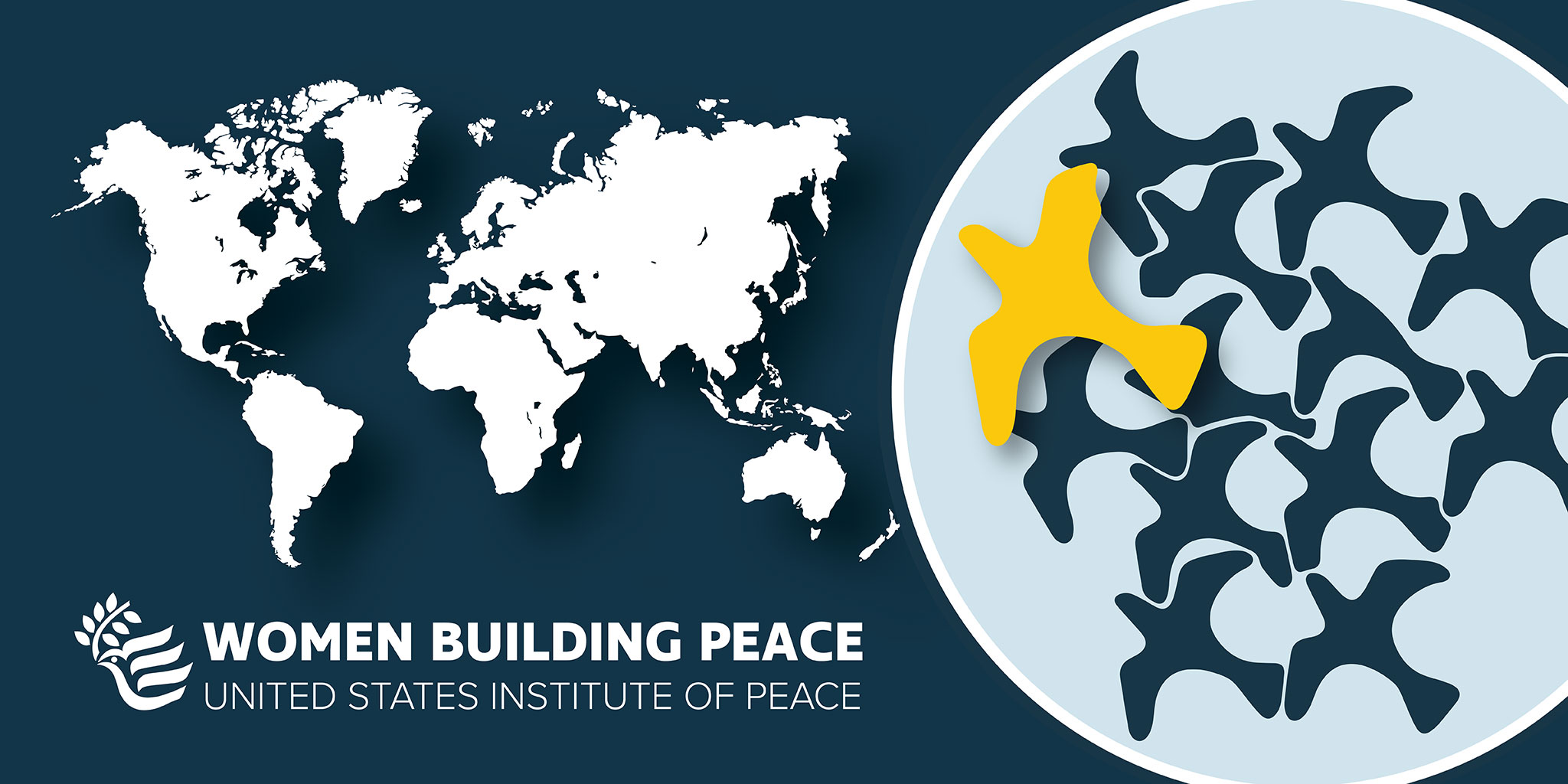 Graphic with a map, the Women's Building peace logo and an illustration of a flock of doves