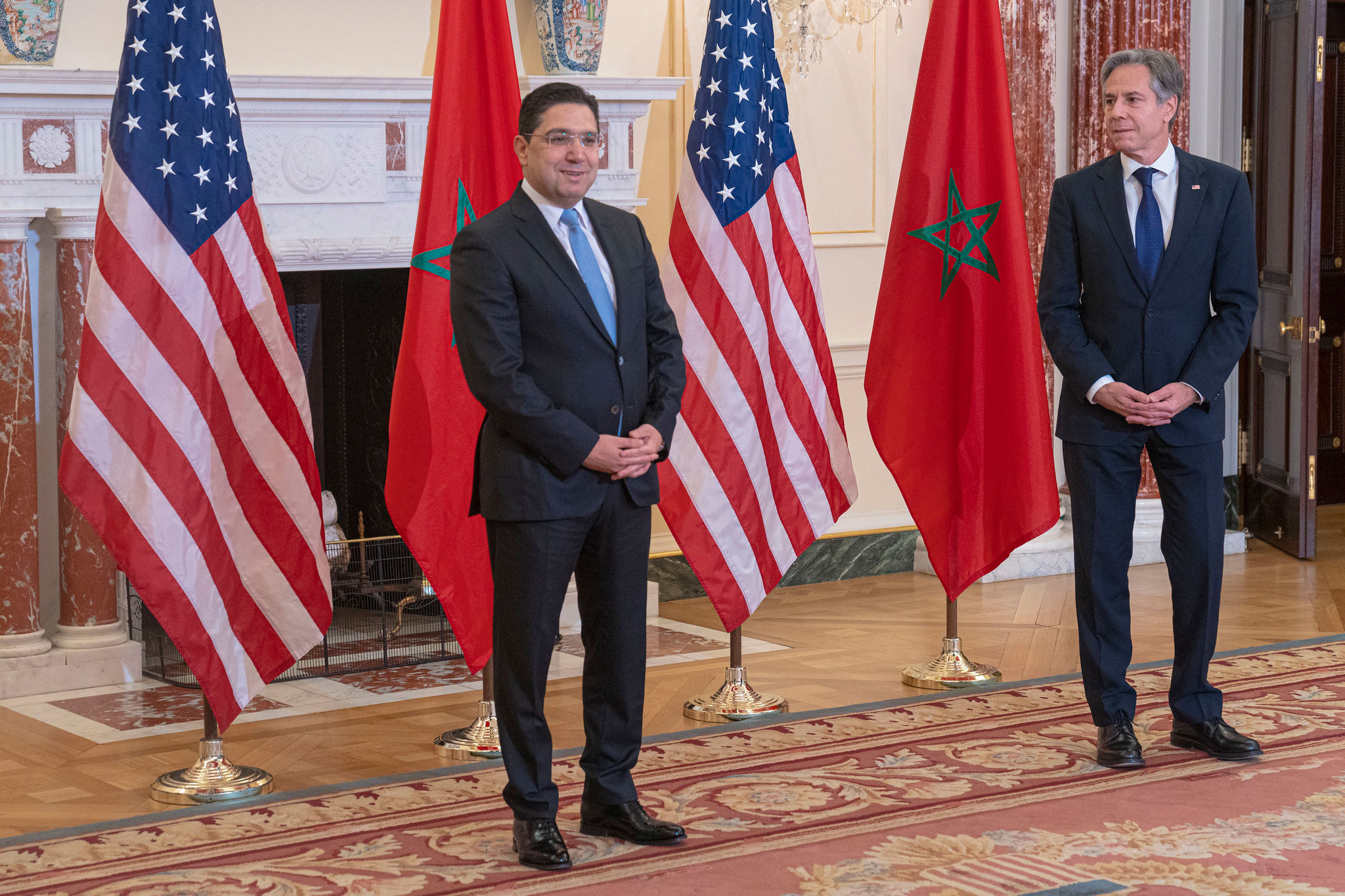 Secretary of State Antony Blinken, right, meets Moroccan Foreign Minister Nasser Bourita in November as Moroccan-Algerian tensions spiked, in part over the Western Sahara conflict. (Freddie Everett/State Department)