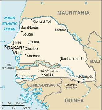 The Casamance region is isolated from most of Senegal by Gambia. Goudomp is between Ziguinchor and Kolda. (CIA World Factbook)
