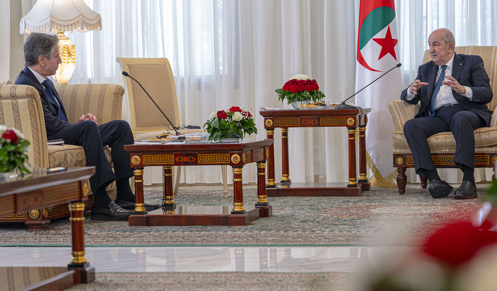 Secretary of State Antony J. Blinken meets with Algerian President Abdelmadjid Tebboune in Algiers, Algeria, on March 30, 2022. (Freddie Everett/U.S. State Department)