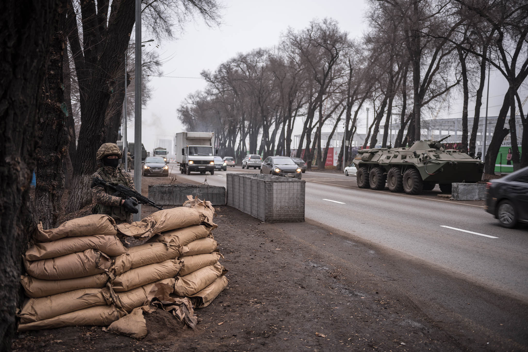 A security checkpoint in Almaty, Kazakhstan, Jan. 19, 2022. Nationwide protests that erupted over a fuel price hike were met by a vigorous security crackdown. (Sergey Ponomarev/The New York Times)