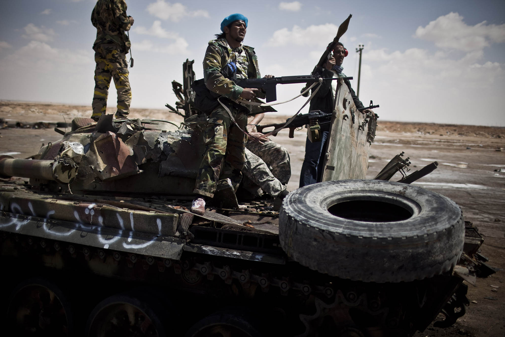 Rebel groups based out of Tripoli and Misurata from the start of the uprising in Libya on April 8, 2011, near Ajdabiyeh. Twelve years later, Libya’s conflict remains stuck in political deadlock, with rival governments in the country’s East and West. (Bryan Denton/The New York Times)