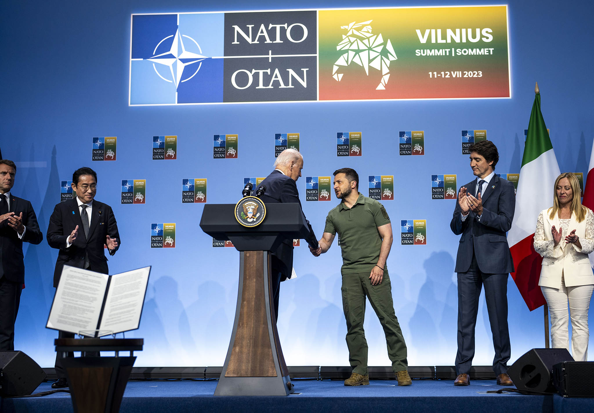 President Joe Biden, center, shakes hands with Ukraine’s President Volodymyr Zelensky alongside other NATO leaders at the alliance’s summit Wednesday. (Doug Mills/The New York Times)