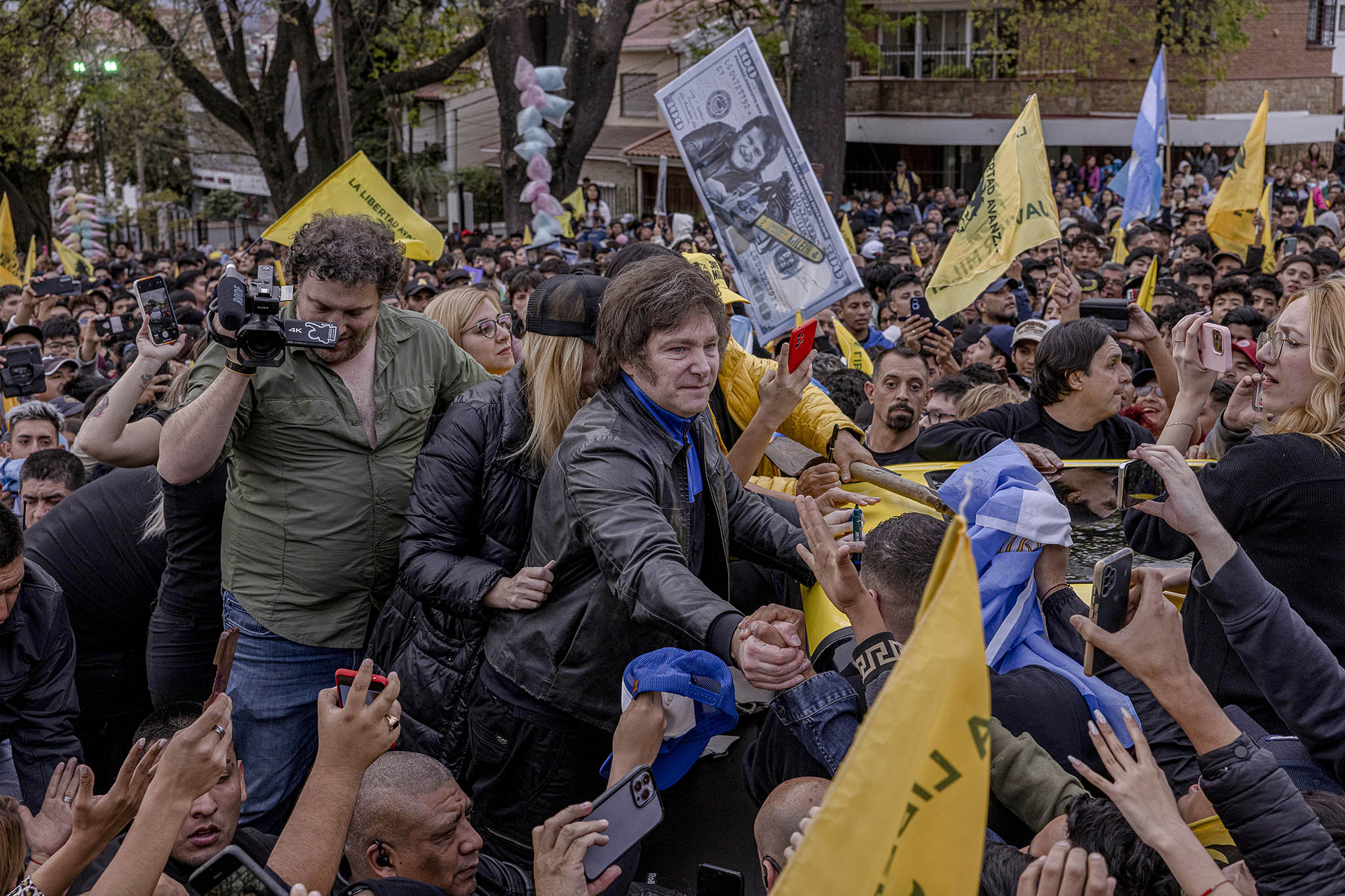 Javier Milei, now president-elect, greets the public during an election event in Salta, Argentina. October 12, 2023. (Sarah Pabst/The New York Times)