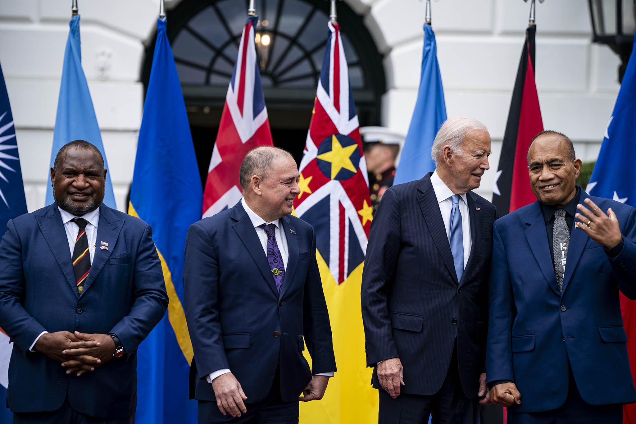 U.S. President Joe Biden met Pacific Island leaders, including (from left) James Marape, Mark Brown and Taneti Maamau, of Papua New Guinea, Cook Islands and Kiribati, respectively, in Washington on September 25, 2023. (Haiyun Jiang/The New York Times)
