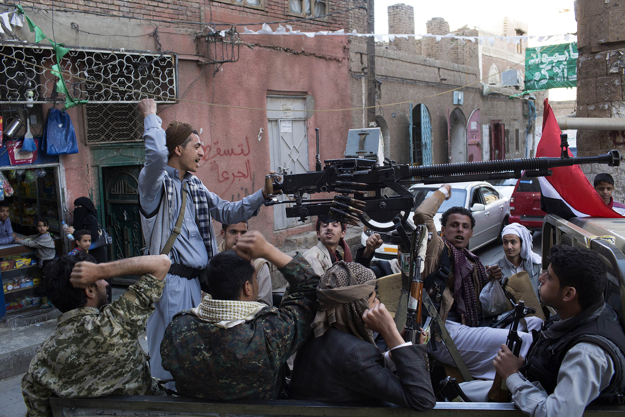 Houthi rebel forces in Sana’a, the capital of Yemen, on Feb. 6, 2015. Iran has armed the rebels with missiles and drones, endangering Washington’s partners and Tehran’s rivals, Saudi Arabia and the United Arab Emirates. (Tyler Hicks/The New York Times)