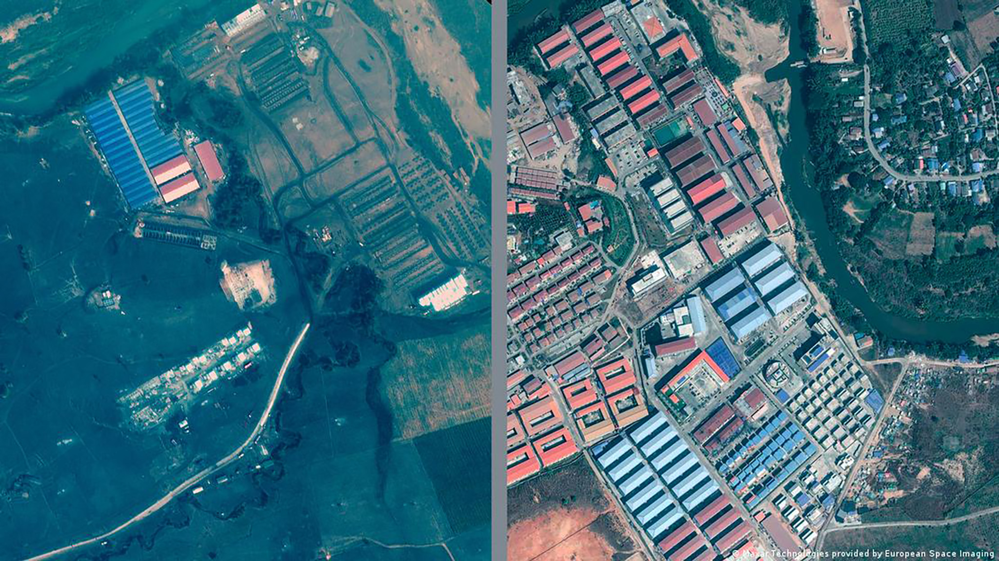 Satellite imagery shows the development of a scamming compound in Myanmar. The image on the left was taken in February 2020, the one on the right in January 2024. (Image: Maxar Technologies provided by European Space Imaging)