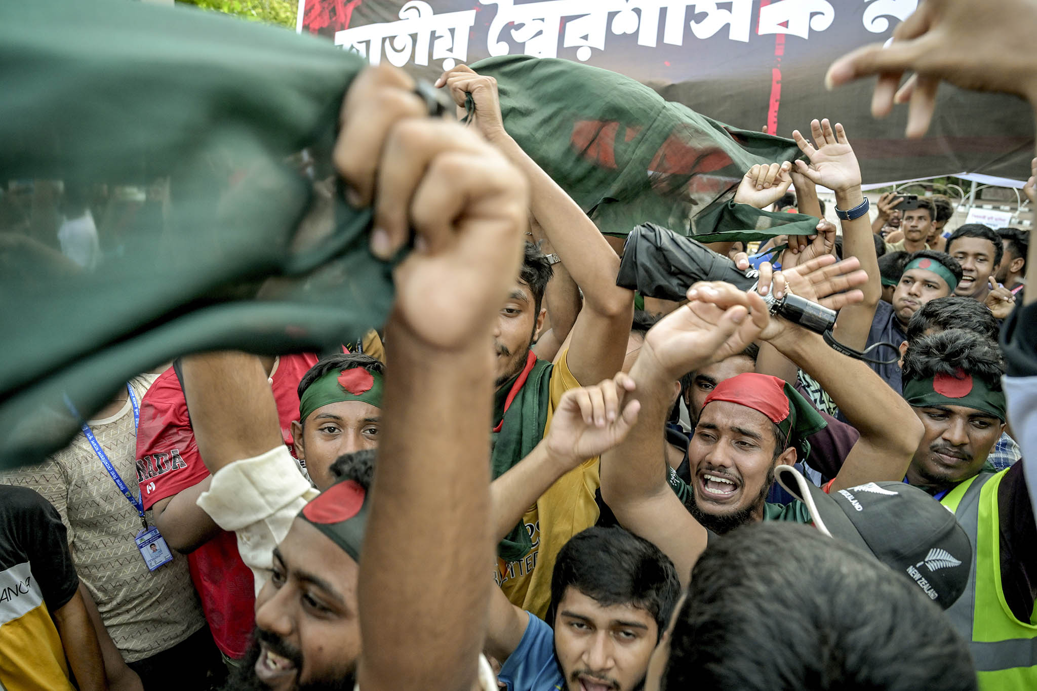 Students protest near Sheik Mujibur Rahman’s house, in Dhaka, Bangladesh, on Aug. 15, 2024. (Atul Loke/The New York Times)