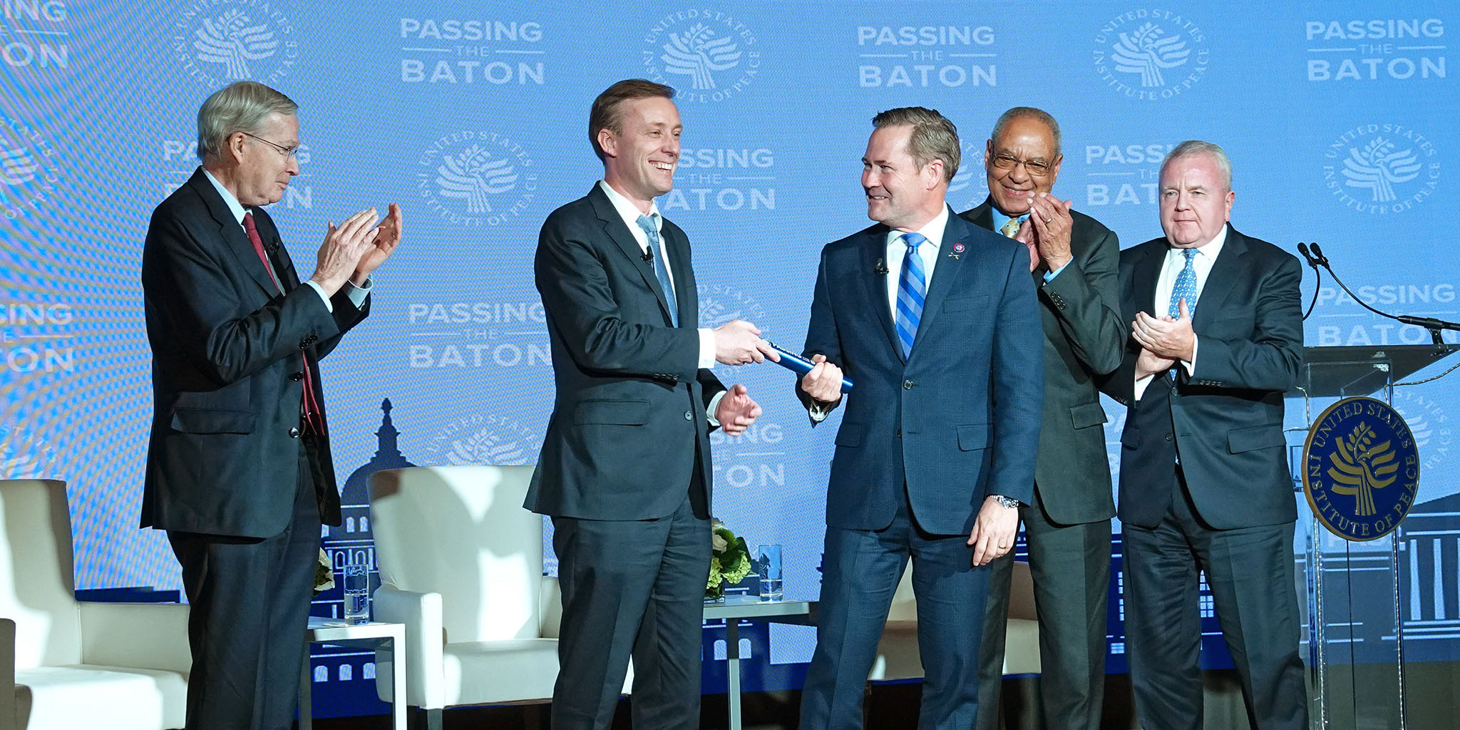 From left to right, former National Security Advisor (NSA) Stephen J. Hadley, outgoing NSA Jake Sullivan, incoming NSA Michael Waltz, USIP Acting President Amb. George Moose and USIP Board Amb. John Sullivan, Jan. 14, 2024.