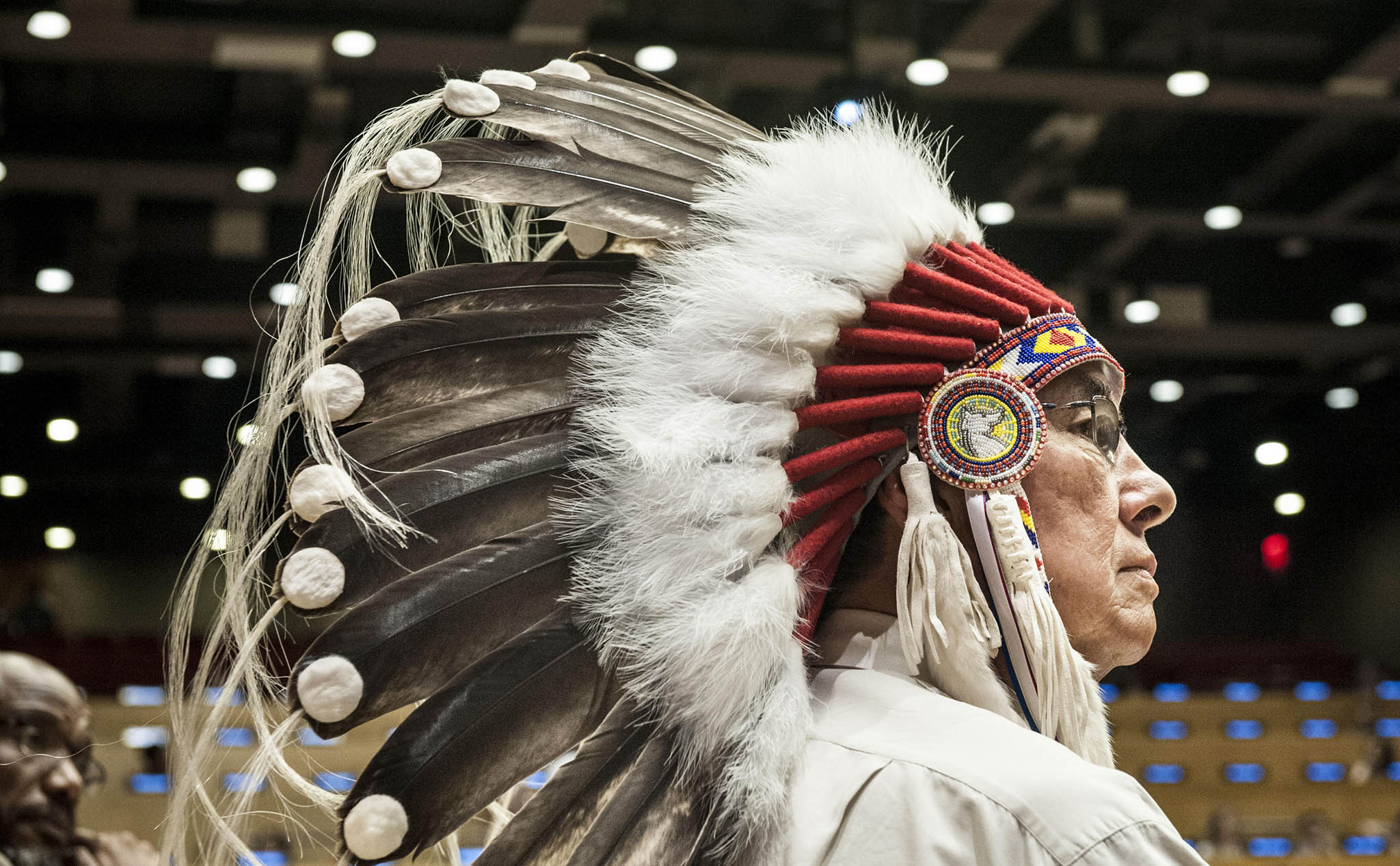Grand Chief Wilton Littlechild, a Cree Chief from Canada, makes a ceremonial call to order on the International Day of the World’s Indigenous Peoples at the U.N. in New York. August 9, 2017. (U.N. Photo/Kim Haughton)
