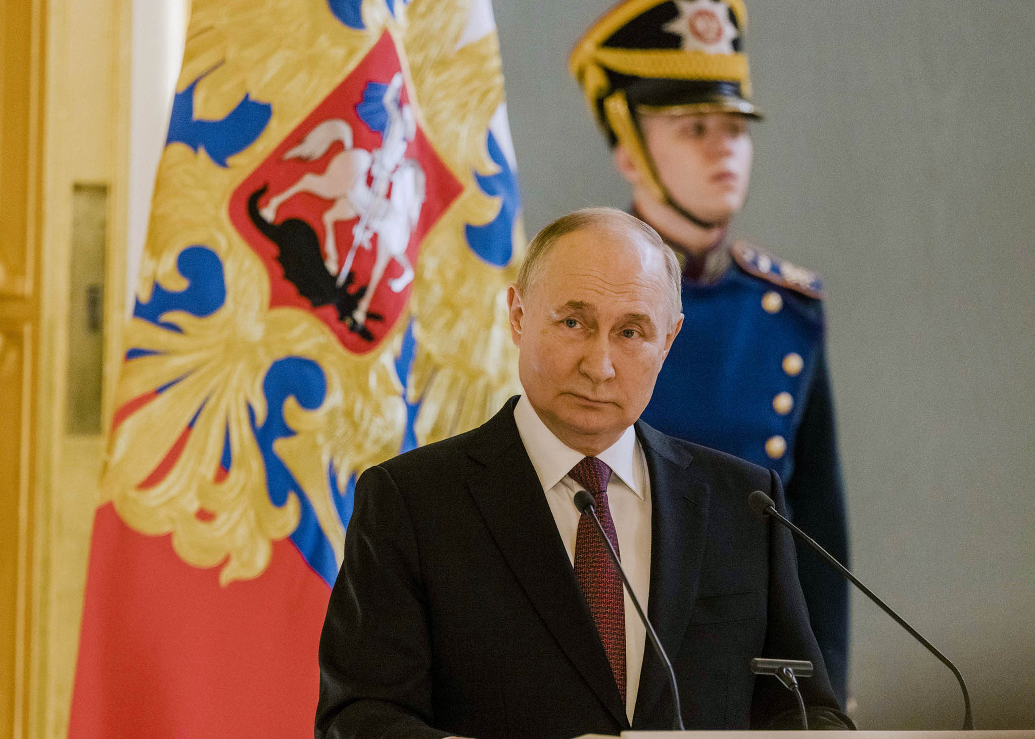 Russia’s President Vladimir Putin speaks at the Grand Kremlin Palace in Moscow, March 20, 2024. (Nanna Heitmann/The New York Times)