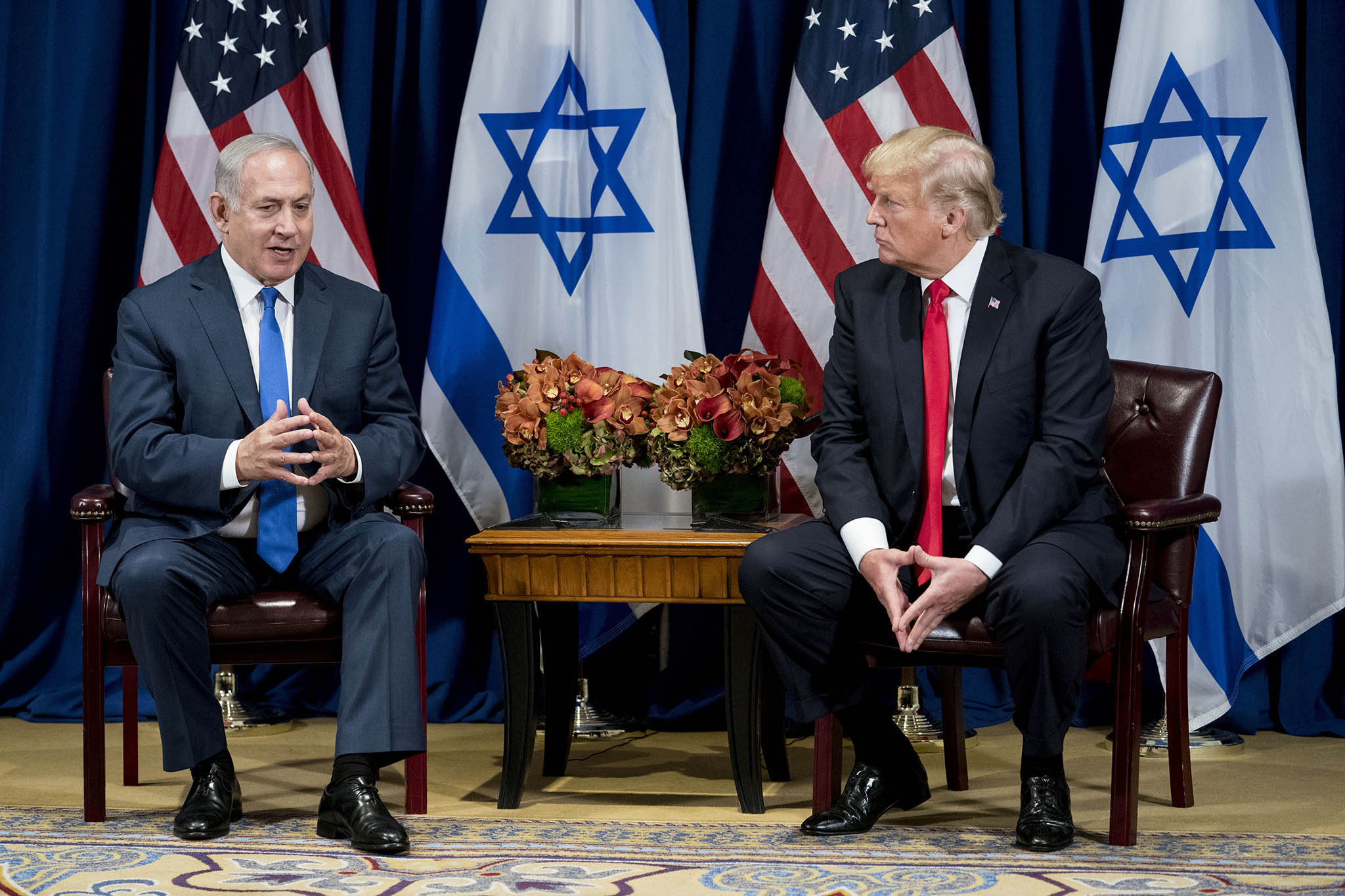 President Donald Trump meets with Israeli Prime Minister Benjamin Netanyahu at the Palace Hotel in New York, Sept. 18, 2017. (Doug Mills/The New York Times)