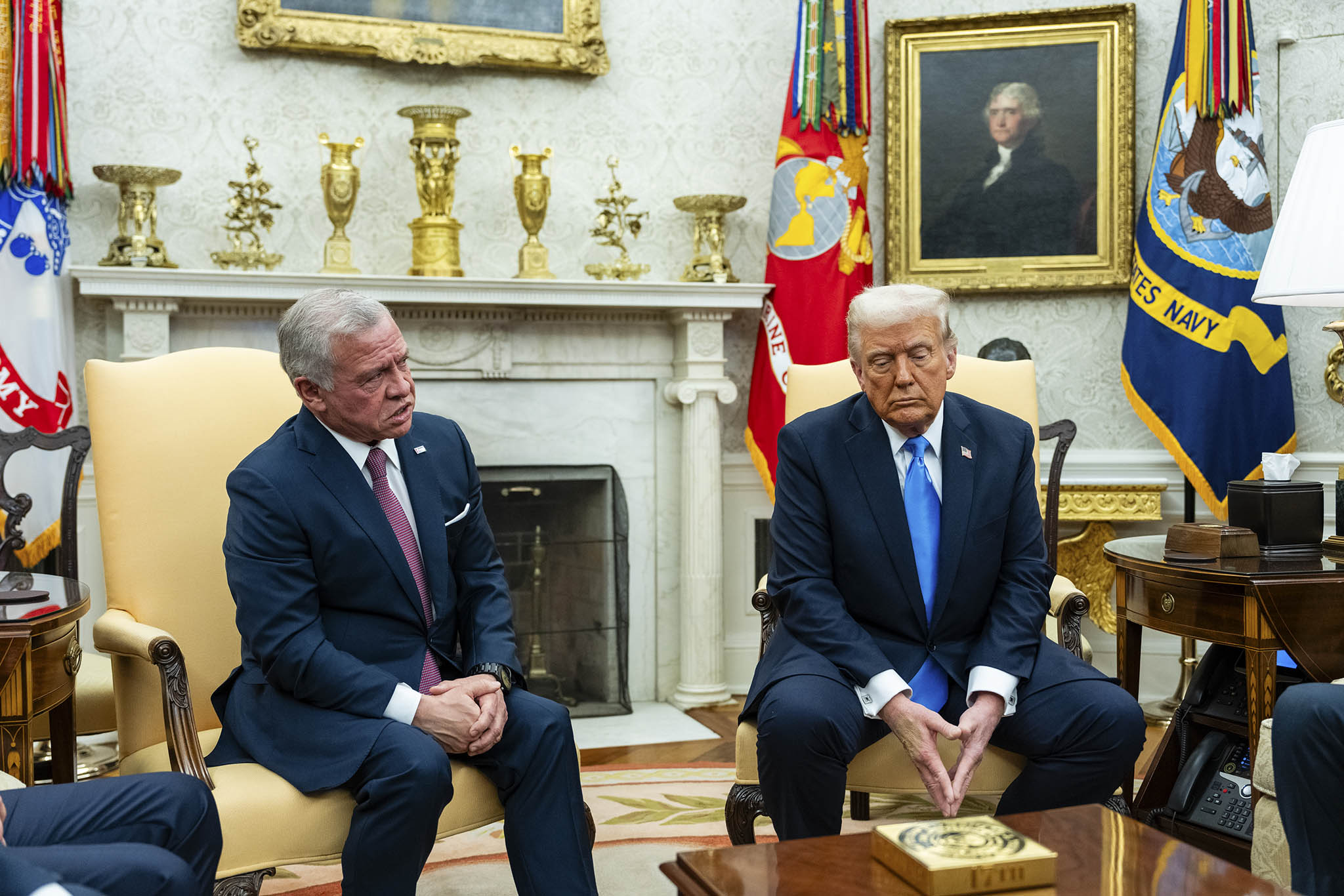 President Donald Trump, right, and King Abdullah II of Jordan speak to reporters during a meeting in the Oval Office of the White House in Washington, on Tuesday, Feb. 11, 2025. (Eric Lee/The New York Times)