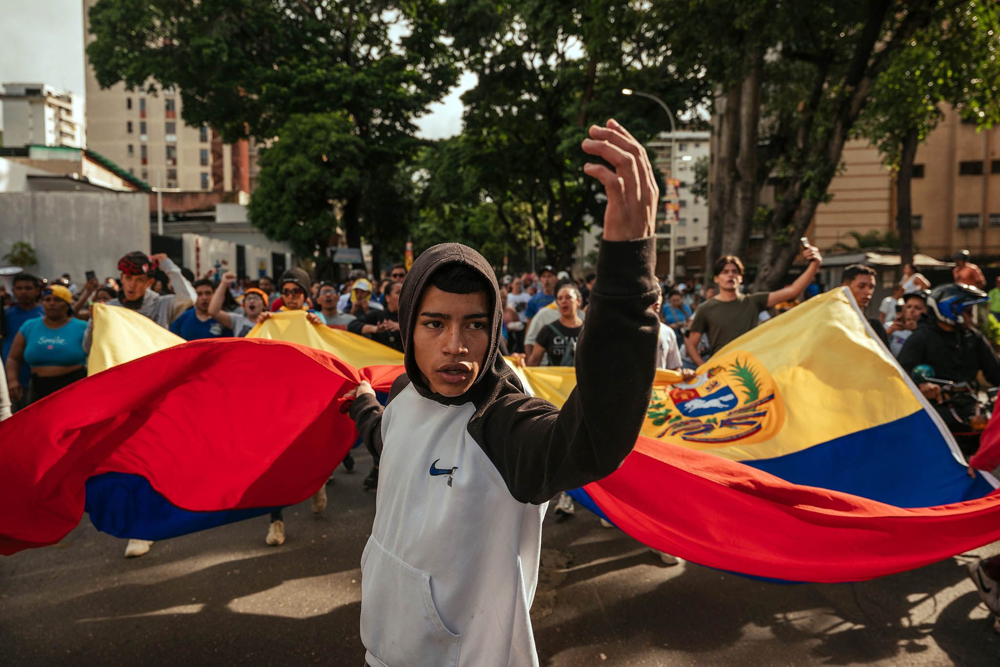 Antigovernment protesters take to the streets in Caracas, Venezuela, on Monday, July 29, 2024, to denounce the outcome of Sunday’s presidential election. (Adriana Loureiro Fernandez/The New York Times)