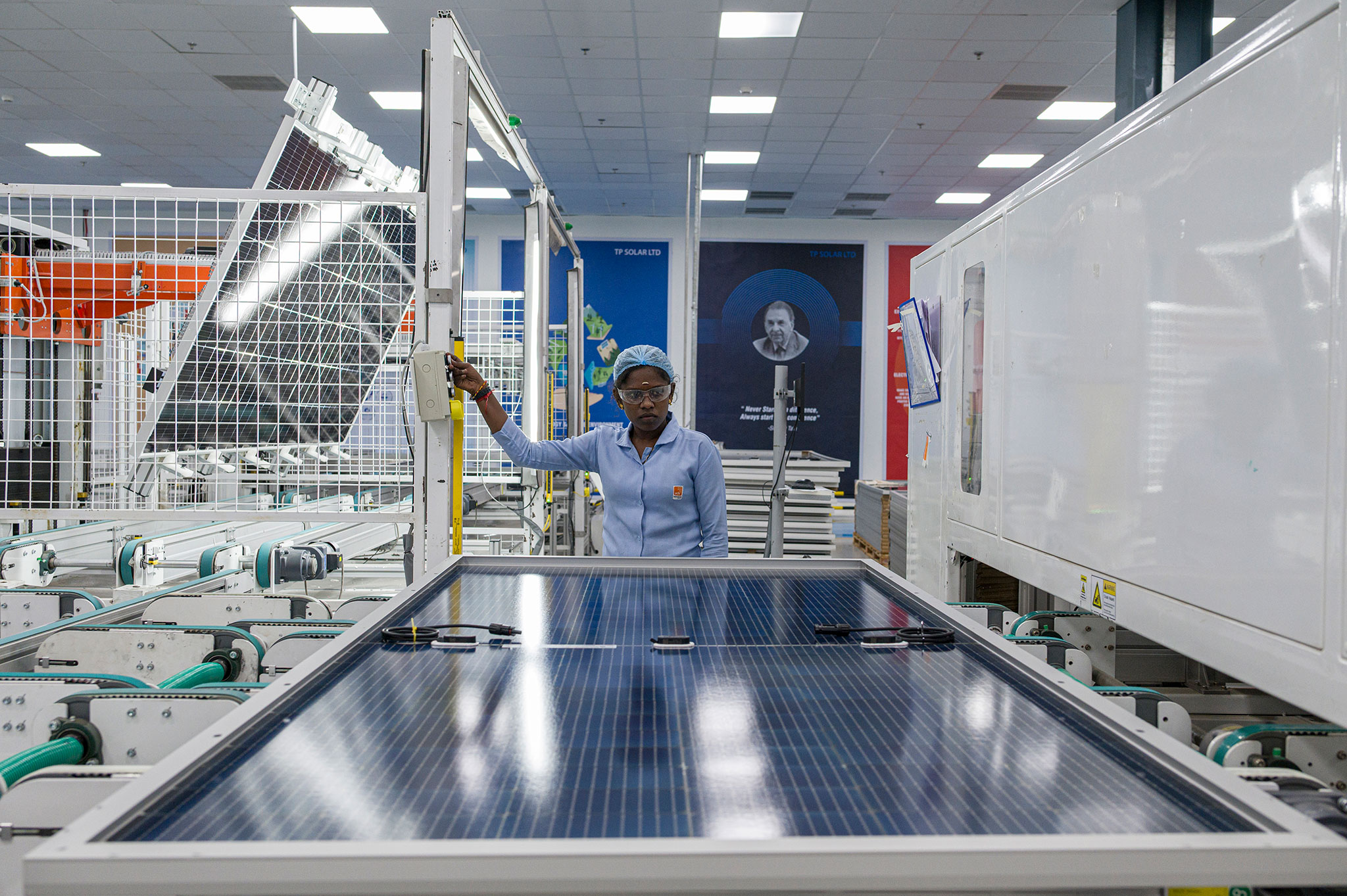  A worker at Tata Power’s solar panel factory in Tirunelveli, India, April 9, 2025. Seventy percent of India’s solar power generation capacity relies on Chinese-made equipment. (Saumya Khandelwal/The New York Times)