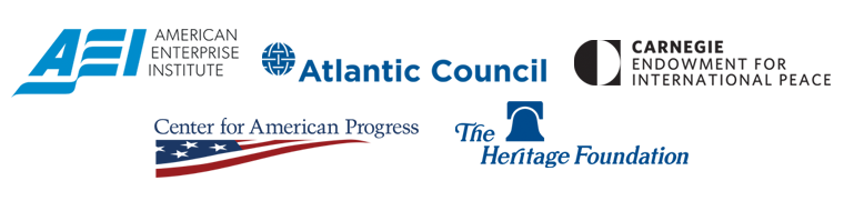 Logos for American Enterprise Institute, Atlantic Council, Carnegie Endowment for International Peace, Center for American Progress, The Heritage Foundation