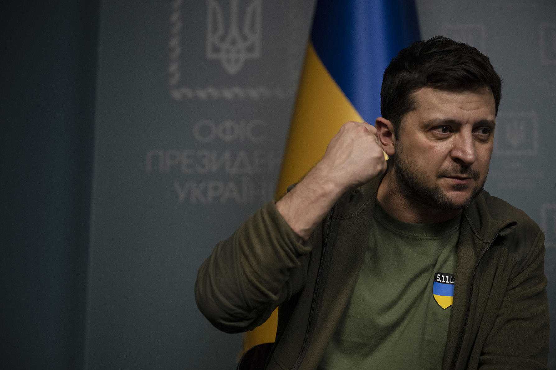 President Volodymyr Zelenskyy of Ukraine during a news conference in Kyiv, March 3, 2022. (Lynsey Addario/The New York Times)