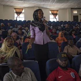 A student participates in a discussion during a gender ethics class at the University of Maiduguri, in Nigeria, Dec. 2, 2017. (Adam Ferguson/The New York Times)