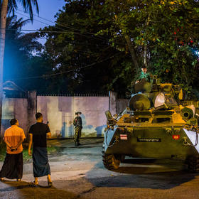 An armored military vehicle in Yangon, Myanmar, Feb. 14, 2021. YouTube said on Friday, March 5, 2021, that it had cut five television channels run by Myanmar’s military from its platform, the latest in a string of moves by American internet giants to pare