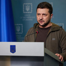 Volodymyr Zelenskyy speaks to Ukrainians, March 22. He has floated a compromise with Russia on Ukraine’s plan to join NATO—the idea of Ukrainian neutrality to be guaranteed by the United States, Russia and European states. (Ukraine presidential office)