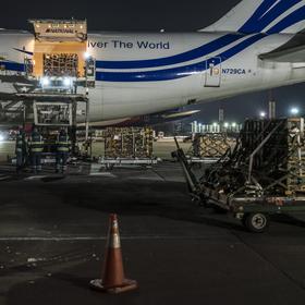 A delivery of equipment and defensive munitions provided by the U.S. arriving at Kyiv Boryspil Airport from Dover Air Force Base, Boryspil, Ukraine, Jan. 25, 2022. (Brendan Hoffman/The New York Times)