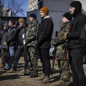 Volunteers with the Territorial Defense Forces near Kyiv, Ukraine March 20, 2022. A post-conflict security challenge Ukraine will face is the need to demobilize fighters who received weapons and training to fight Russia. (Ivor Prickett/The New York Times)