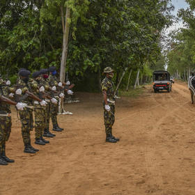 U.S. AFRICOM commander General Stephen Townsend reviews a Mozambican Armed Defense Forces formation alongside the mission force commander for the European Union Training Mission in Mozambique, Nov. 18, 2021. (Patrick Loch/U.S. Africa Command)