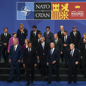NATO leaders leave the podium after their formal group photo at the alliance’s summit conference in Madrid, where they reaffirmed NATO’s support for Ukraine’s self-defense against Russia’s invasion. (Kenny Holston/The New York Times)