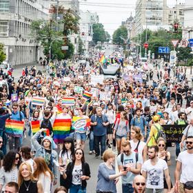 Ukrainian activists march for rights for gender and sexual minorities in Kyiv in 2018, protected by police in the street. While some gays are now included in the military, transgender women remain among those most at risk. (Victor Vysochin/CC License 2.0)