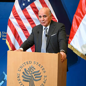 Iraq’s deputy prime minister and top diplomat, Fuad Hussein, speaking at the U.S. Institute of Peace, February 10, 2022.