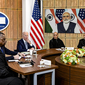 President Biden meeting with Indian Prime Minister Narendra Modi, April 11, 2022, joined by Defense Secretary Lloyd Austin and Indian Defense Minister Rajnath Singh and External Affairs Minister Subrahmanyam Jaishankar. (Kenny Holston/The New York Times)