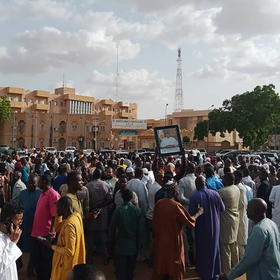 Residents of Niger’s capital, Niamey, gather to protest the coup that ousted President Mohammed Bazoum today in a photo his office posted to Facebook. (Niger Presidential Office/Facebook) 