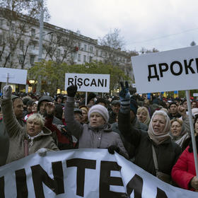 Moldovans protest high prices in the capital, Chisinau, last November. As Russia hiked gas prices, a Russia-backed party has led protests against the pro-Europe government, sometimes paying people to participate. (Andreea Campeanu/The New York Times)