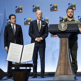Ukraine’s President Volodymyr Zelenskyy speaks alongside the leaders of France, Japan and the United States in July as their nations and others restated support for Ukraine and its diplomatic efforts on a peace plan. (Doug Mills/The New York Times)