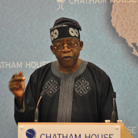 Nigeria’s President Bola Tinubu, shown in a 2011 address in London, chaired a summit of the ECOWAS regional group that reiterated its demand for Niger’s junta to restore that country’s elected civilian president to office. (Chatham House/CC license 2.0)