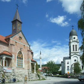 Catholic church, Mosque and Serbian Orthodox Church in Bosanska Krupa, Bosnia and Herzegovina