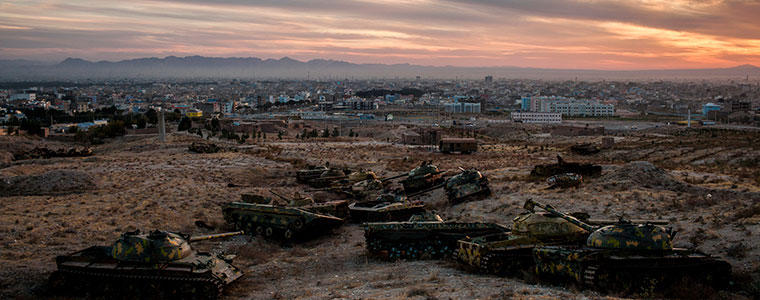 Destroyed Soviet Union tanks litter the landscape in Herat, Afghanistan,