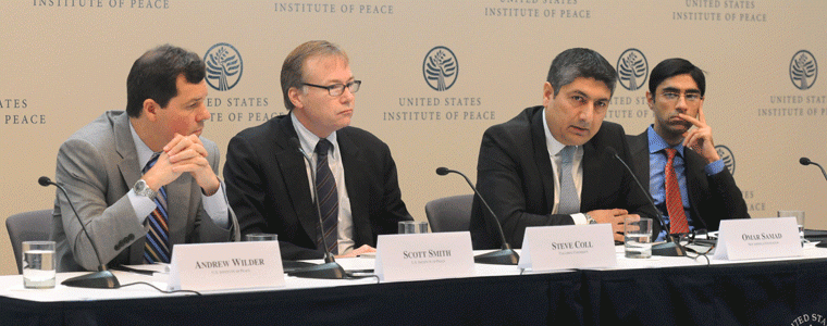 Pictured from left to right: Scott Smith Steve Coll, Amb. Omar Samad, Moeed Yusuf