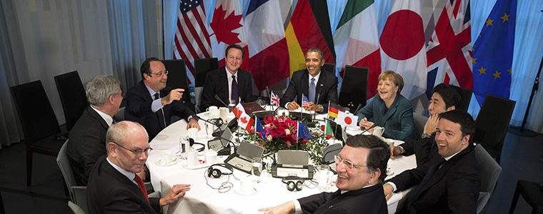 President Barack Obama at a meeting of G7 leaders during the Nuclear Security Summit, at Catshuis, The Hague, Netherlands, March 24, 2014. Obama and international allies met Monday in an effort to a develop a strong, united response despite their diverging interests in dealing with the Crimea invasion and the Kremlin. From left: French President Francois Hollande, British Prime Minister David Cameron, Obama and German Chancellor Angela Merkel.