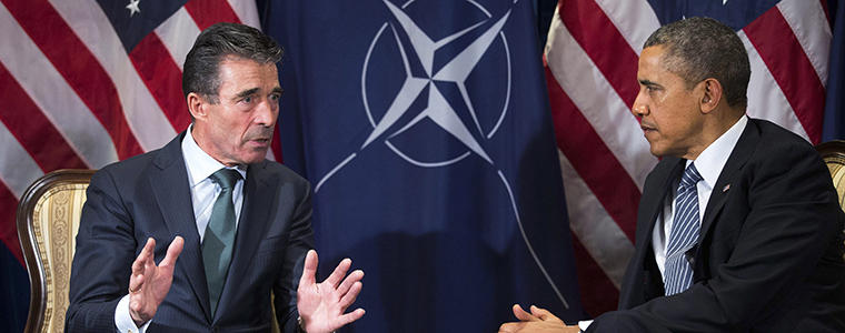 President Barack Obama meets with NATO Secretary General Anders Fogh Rasmussen during the EU-U.S. Summit in Brussels, March 26, 2014. In a planned address in Brussels Wednesday, the president will also attempt to outline why it is crucial to confront Russian President Vladimir Putin after his takeover of Crimea, aides said. 